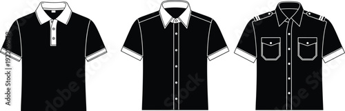 Black and white shirt silhouette set including polo shirt short sleeve button down dress shirt and military style cargo uniform shirt