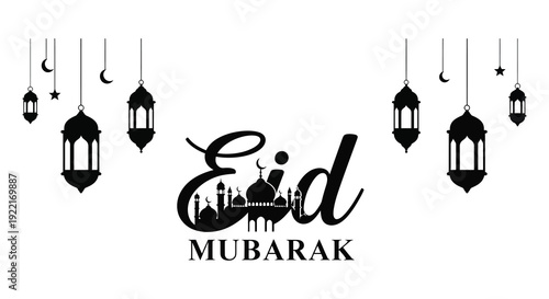 A festive eid mubarak greeting featuring ornate lanterns crescent moons stars and elegant calligraphy high quality professional detailed