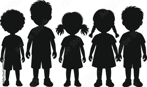 Children silhouettes collection standing kids group, cute boys and girls black shadow people, childhood concept flat vector illustration