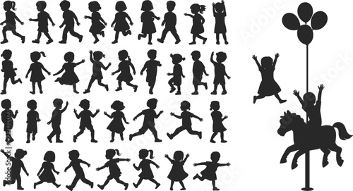 Children silhouettes set playing running jumping with carousel horse and balloons, happy childhood fun black shadow flat vector illustration