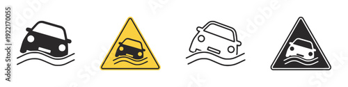 Flooded road warning sign for cars, collection of traffic alerts
