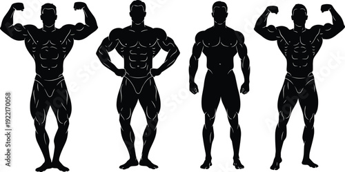 Bodybuilder silhouettes set with muscular men posing in front double biceps and relaxed positions for fitness bodybuilding and gym competition