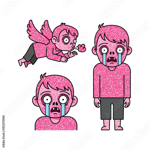 Crying cartoon character with angel wings feeling sad and emotional