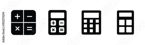 Four black calculator and math symbols icons on white background