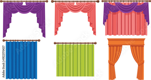 Purple, pink, blue, green, orange curtains, interior design, home decor, textile styles, valance, pleats, window treatment, flavector