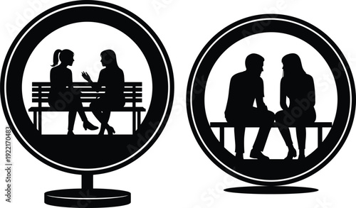 Silhouette people sitting on bench, conversation scenes, interpersonal communication, friendship, relationship dialogue, social interaction illustration, 