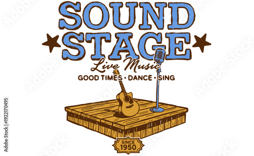 Vintage Sound Stage Live Music Logo Design with Guitar and Microphone on Wood Stage. Retro Art for T-Shirt Print, Event Poster, Club Graphic
