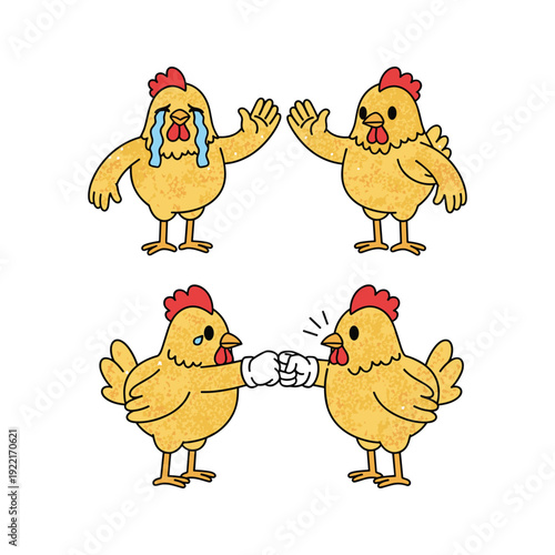 Cartoon chickens fighting and making peace with comical expressions
