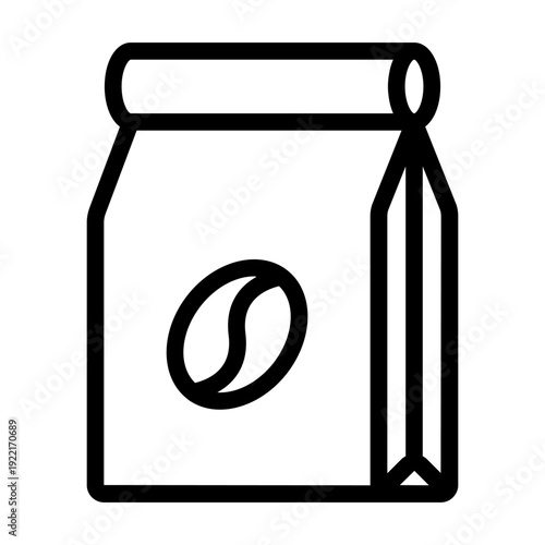 Clean line art illustration of a coffee bag featuring a prominent coffee bean, ideal for web and print