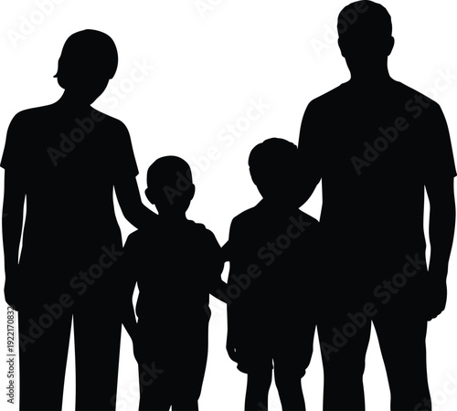 Family silhouettes parents with two kids standing together, love care parenting concept, black shadow people flat vector illustration