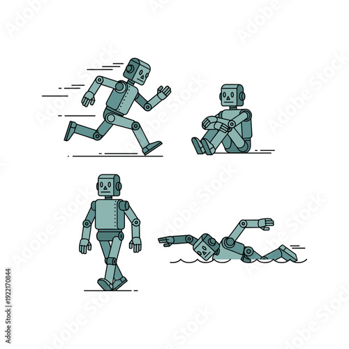 Robot character in various dynamic poses on white background with copy space