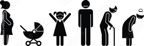 Life cycle stages vector icon set featuring pregnancy baby carriage childhood youth adulthood and elderly seniors showing the aging process progression