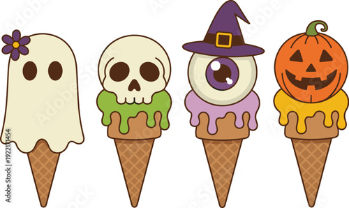 Collection of Halloween Themed Ice Cream Cones with Ghost, Skull, Eyeball, and Pumpkin Toppings , Concept of Seasonal Confectionery, Spooky Culinary Treats, and Holiday Catering Vector Illustration