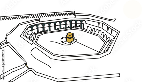Continuous One-Line Drawing of Masjid al-Haram and the Kaaba on Dark Green, Concept of Islamic Pilgrimage, Sacred Mecca , Ramadan Celebration, and Minimalist Spiritual Art Vector Illustration