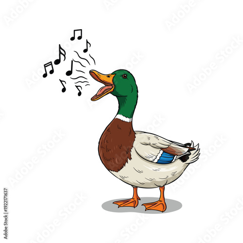 Cartoon duck singing music notes with vibrant plumage and copy space