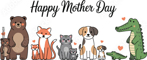 Cute Animal Mothers and Babies Collection with Bears, Foxes, Cats, on a White Background, Concept of Mother's Day Celebration, Maternal Love, Family Bonds, and Nature's Nurture Vector Illustration