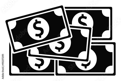 Black and White Icon of Stacked Dollar Bills with Dollar Signs