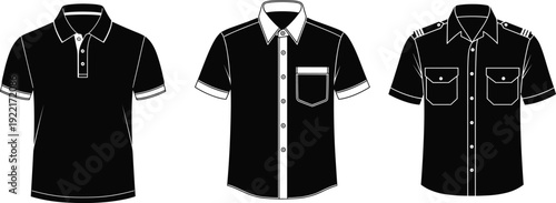 Set of men's uniform shirt templates including classic polo, casual button-down with pocket, and professional pilot military style workwear apparel vector.