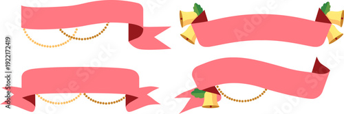 ベルとガーランドで華やかに飾られたピンクリボンバナーセット｜クリスマスや記念イベントの見出し装飾に使えるポップでかわいいベクターデザイン素材