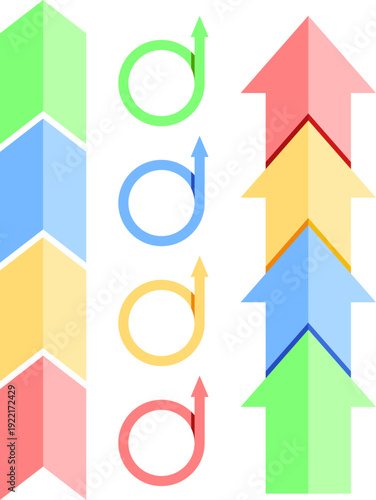 カラフルな上昇矢印と成長サイクルアイコンセット｜業績アップ・目標達成・ビジネス戦略を表現するポップで視認性の高いベクターイラスト素材