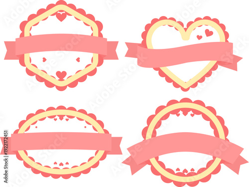 ピンクとゴールド調のハート型フレームにリボンバナーを組み合わせたロマンティック装飾ラベルセット　バレンタインや記念日デザインに使える可愛い囲み枠イラスト素材