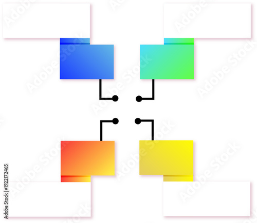 中央ノードから4方向に分岐するカラーボックス構成のフローチャートテンプレート　ビジネス戦略やデータ接続を可視化できるシンプルなネットワーク図デザイン素材