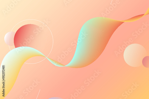 ピーチオレンジ背景に虹色グラデーションの流線ウェーブが漂う抽象デザイン　柔らかな立体感と透明円が重なるモダンバックグラウンド素材