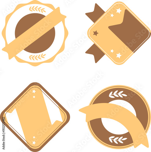 ブラウンとゴールド調のナチュラルバッジ＆エンブレムフレームセット　オーガニック商品やカフェロゴに使える上品なラベルデザイン素材