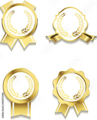 金色メタリックの月桂樹入り表彰メダル＆ロゼットエンブレムセット　高級感と信頼性を演出できる認証バッジデザイン素材