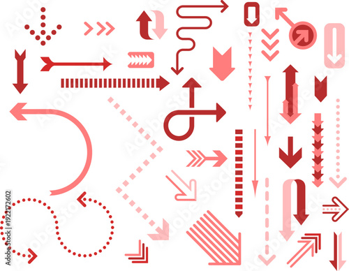 赤色系グラデーションで統一した多方向矢印アイコンコレクション｜直線・曲線・点線・循環など動きと誘導を表現できるインフォグラフィック・UIデザイン向けベクター素材セット