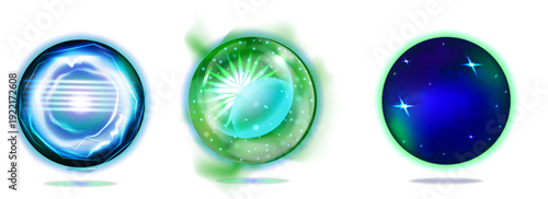 ブルーグリーングラデーションで表現した地球モチーフの円形アイコンセット　環境保護やサステナブル社会を象徴するクリーンなグローバルデザイン素材