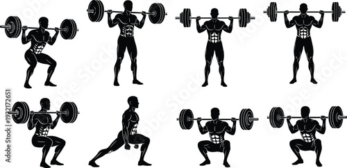 Strong Muscular Athlete Silhouette Set Performing Barbell Squats Lunges and Weightlifting Exercises for Bodybuilding Strength Training and Fitness Logo Design