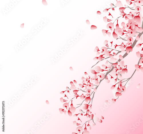 春の優しい風に舞う桜の花びらと枝を斜め構図で描いた淡いピンクの背景イラスト｜和風デザインや季節素材に使える上品なさくら装飾素材