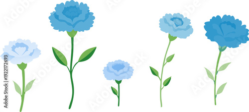 爽やかな青色グラデーションで描いたカーネーションのバリエーションセット｜母の日や感謝の気持ちを表現できるシンプルで使いやすいフラワーイラスト素材集