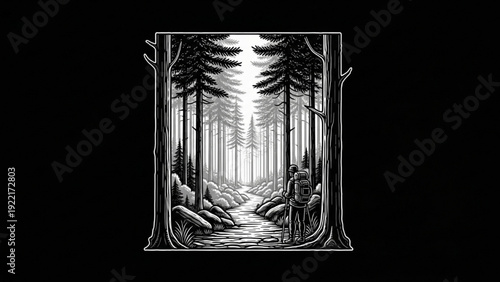 High-quality line art of forest pathway with tall trees, hiking and nature theme on black background