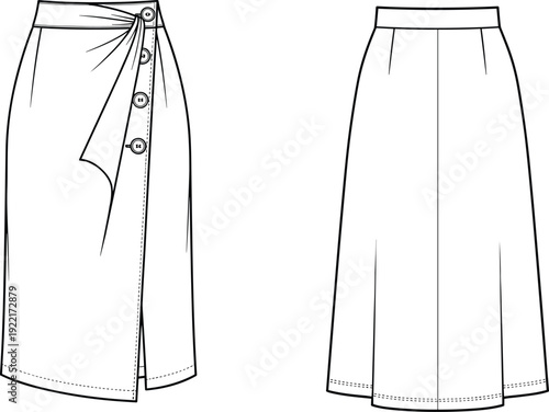 Stylish women's high-waisted wrap midi skirt vector illustration with elegant front drape side button closure and classic A-line silhouette technical sketch.