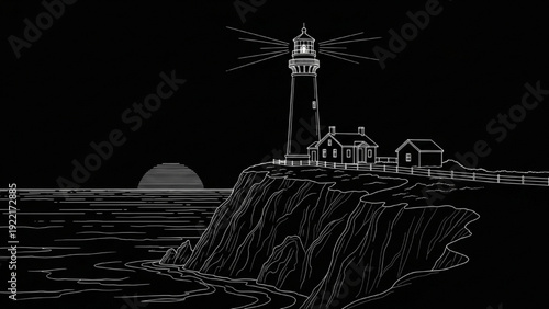 High-quality line art of lighthouse on cliff overlooking ocean, coastal travel imagery on black background
