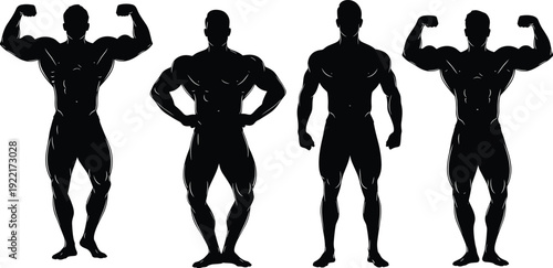Strong Muscular Bodybuilder Silhouettes Posing in Classic Front Double Biceps and Relaxed Stances for Fitness Gym and Weightlifting Graphic Design