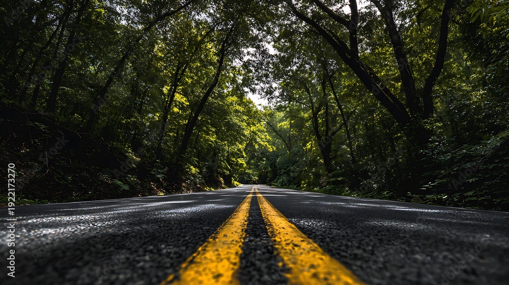 Fototapeta premium Empty asphalt road winding through a dense green forest with sunlight