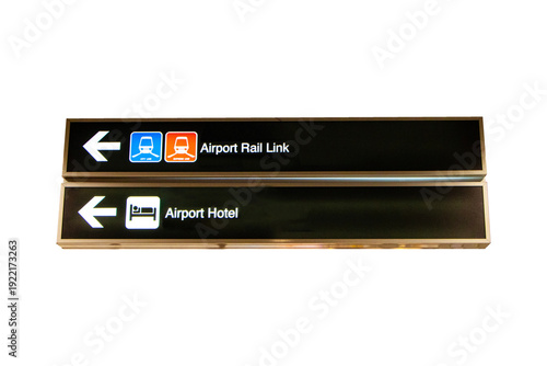 Illuminated sign icon for Airport Rail Link, Airport Hotel hanging from the ceiling to provide directions for tourists and travelers. Signs symbol for tourists or passersby. Isolated on cut out PNG.