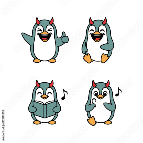 Cartoon penguins with devil horns singing and reading in different poses with copy space