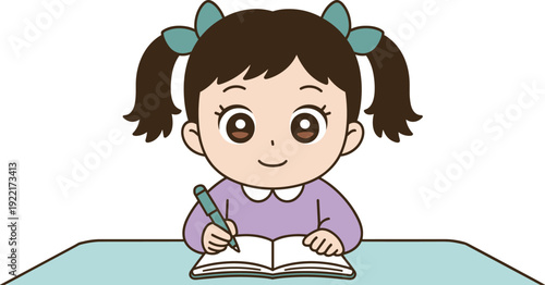 Diligent Young School Girl Writing in a Notebook at Her Desk, Concept of Early Childhood Education, Academic Focus, Student Homework, and Literacy Development Vector Illustration