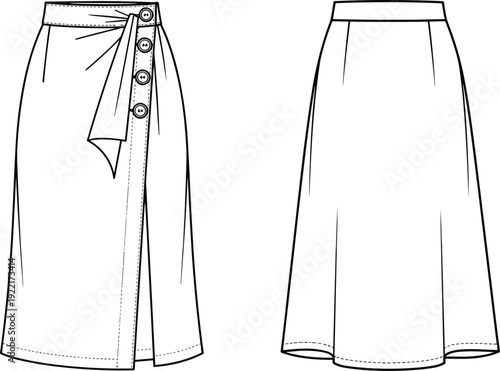 Women Midi High Waist Wrap Skirt Vector Technical Flat Sketch with Button Closure Sash Detail and Front Slit Fashion Illustration