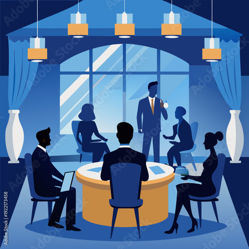 Executive Boardroom Meeting at Night Flat Vector Illustration