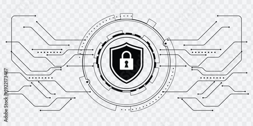 Cyber security shield with padlock and circuit lines isolated