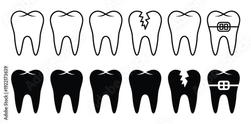 Dental Health Progression: From Healthy to Braces and Cracked Teeth Icons