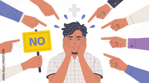 Distressed Young Man Surrounded by Pointing Hands and "NO" Sign, Concept of Social Anxiety, Societal Pressure, Mental Health Awareness, Rejection, and Psychological Stress Vector Illustration