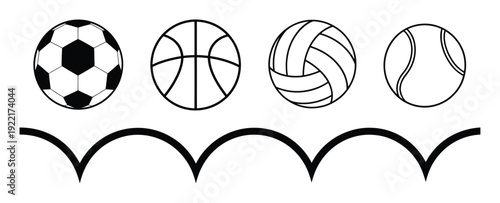 Four sports balls: soccer, basketball, volleyball, and tennis, with bouncing arcs