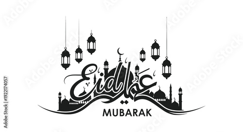 An elegant eid al fitr mubarak greeting featuring ornate calligraphy crescent moons and hanging lanterns high quality professional detailed