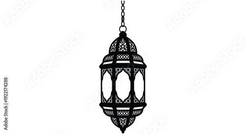 A detailed black silhouette of an ornate hanging lantern featuring intricate geometric patterns and a chain high quality